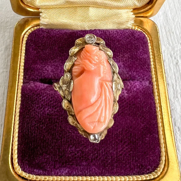 heart-shaped rings for women-Victorian Coral Cameo & Diamond Ring