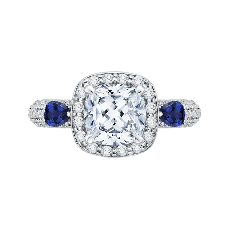 affordable luxury engagement rings-14K White Gold Cushion Cut Diamond Halo Engagement Ring with Sapphire (Semi Mount)