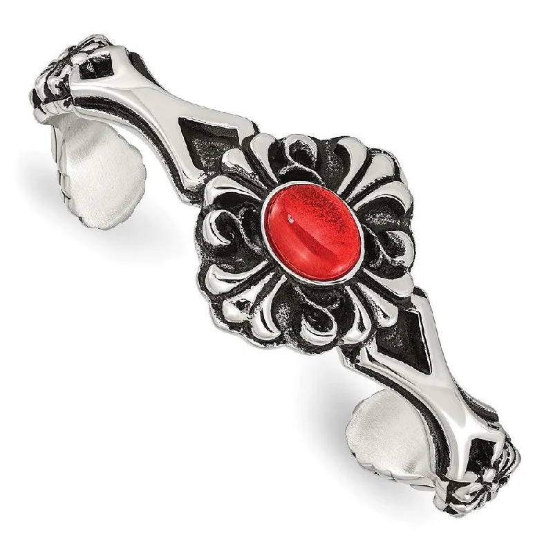 modern bangles for women-modern bangles for women-Stainless Steel Polished/Antiqued Flower Red Glass Cuff Bracelet