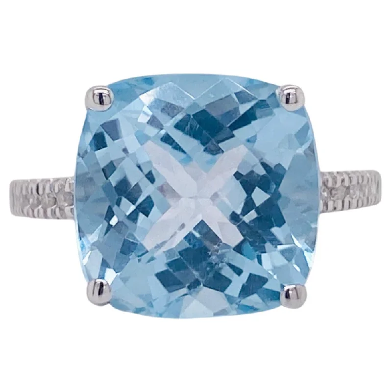 silver rings for women-Cushion Blue Topaz and Diamond Ring