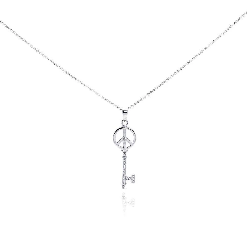 sterling silver necklaces for women-Silver 925 Rhodium Plated Clear CZ Peace Key Pendant Necklace - STP00991