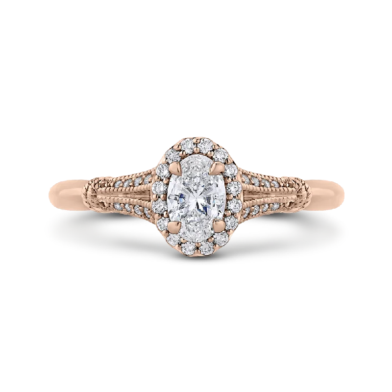 square-cut engagement rings-14K Rose Gold Oval Diamond Halo Cathedral Style Engagement Ring with Split Shank