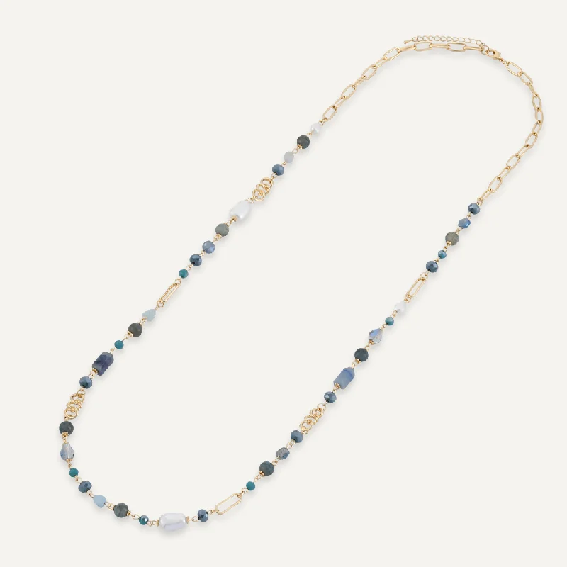 crystal heart necklaces for women-Blue Crystal & Natural Stone Long Necklace In Gold-Tone