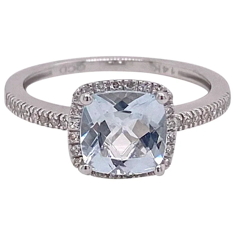 anniversary rings for women-Aquamarine and Diamond Halo Engagement Ring