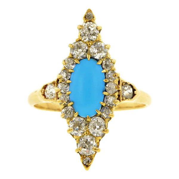 classic engagement rings for women-Antique Turquoise & Diamond Navette Ring