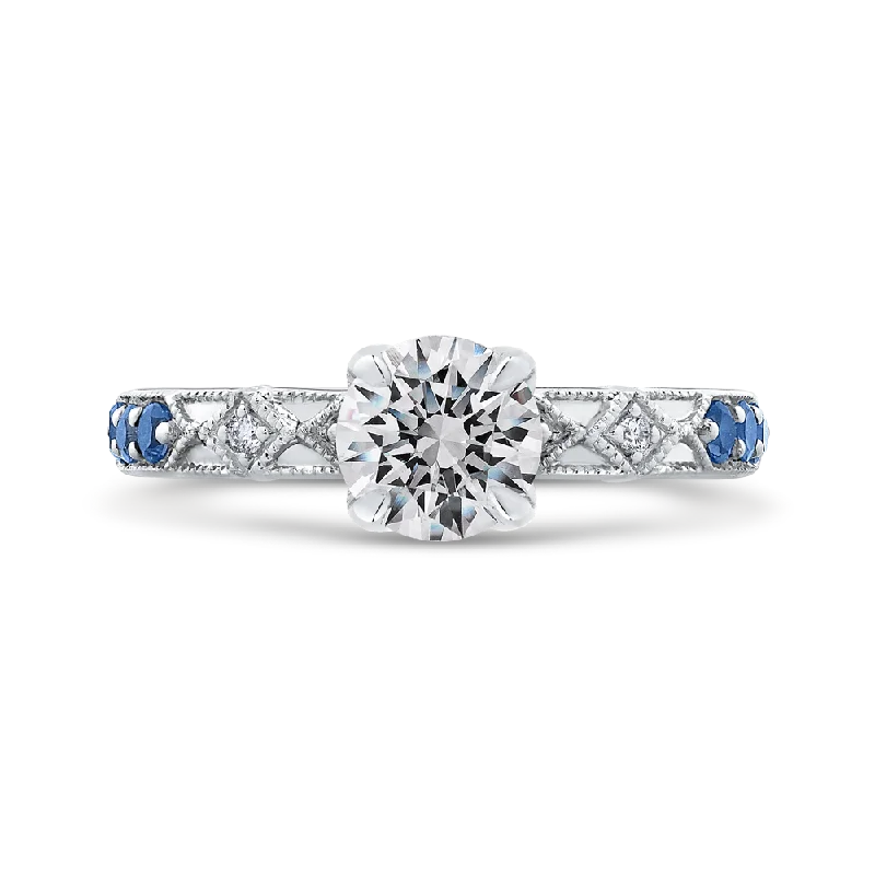 unique engagement rings-14K White Gold Round Diamond and Sapphire Engagement Ring (Semi Mount)