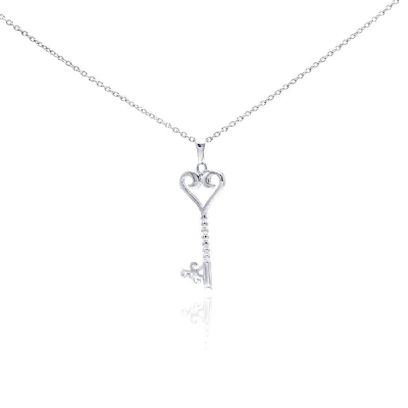 statement chain necklaces for women-Silver 925 Rhodium Plated Clear CZ Key Heart Pendant Necklace - STP01045