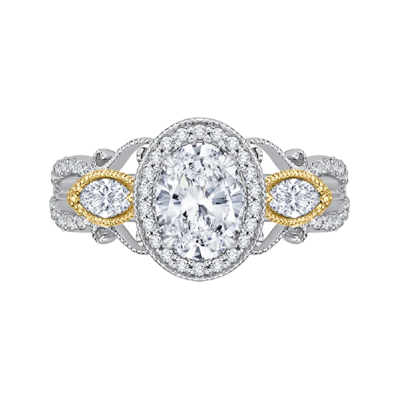 affordable wedding engagement rings-14K Two Tone Gold Oval Diamond Halo Engagement Ring (Semi Mount)