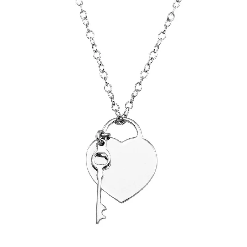 gold plated necklaces for women-Rhodium Plated 925 Sterling Silver Heart With Key - DIN00105RH