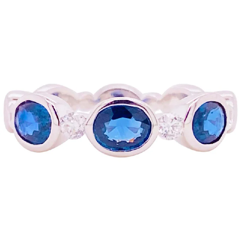 platinum rings for women-Blue Sapphire Diamond Bezel Ring