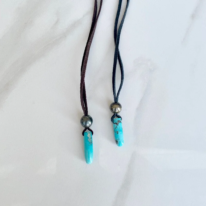 simple necklaces for women-Tahitian Pearl & Turquoise Pendant Leather Necklace