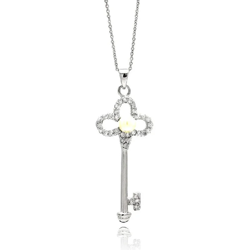 vintage necklaces for women-Silver 925 Rhodium Plated Open Flower Key CZ Center Pearl Necklace - BGP00562