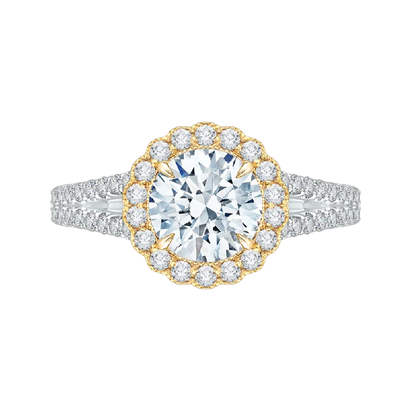 modern diamond engagement rings-14K Two Tone Gold Round Diamond Halo Engagement Ring with Split Shank (Semi Mount)