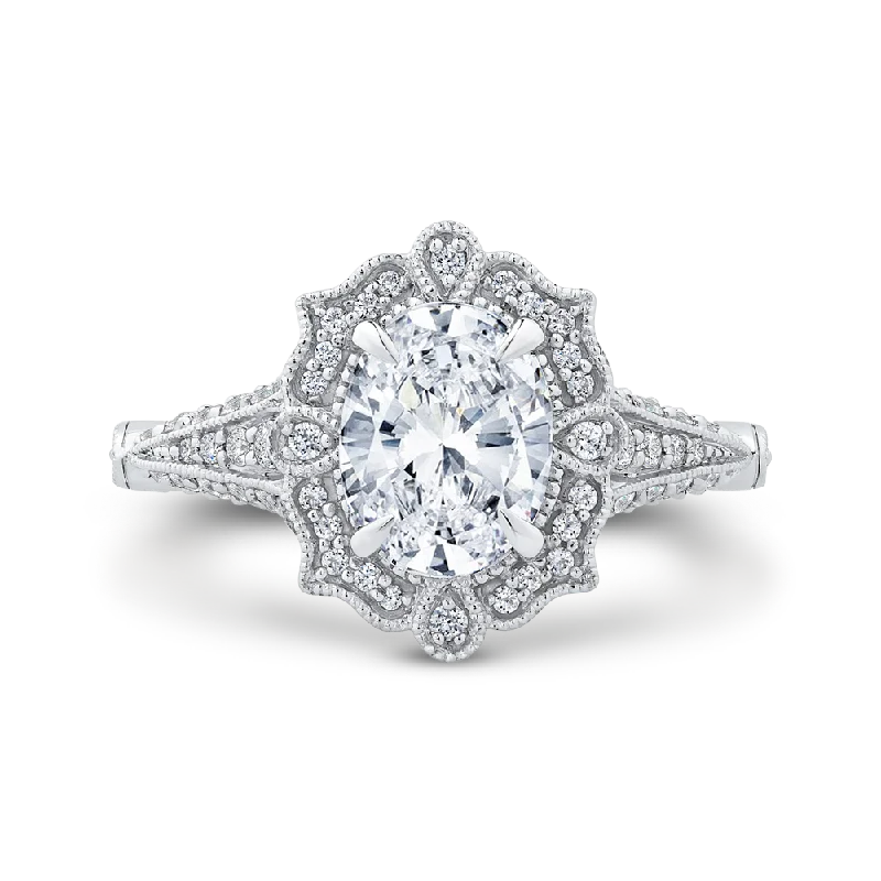 cushion diamond engagement rings-14K White Gold Oval Diamond Halo Vintage Engagement Ring (Semi Mount)