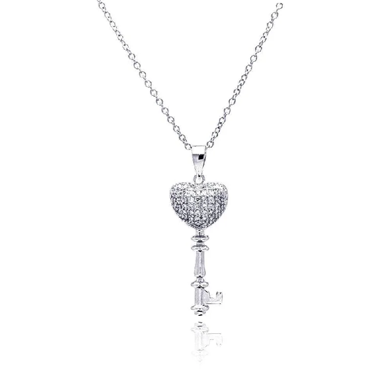 unique layered necklaces for women-Silver 925 Rhodium Plated Heart Key CZ Necklace - BGP00366