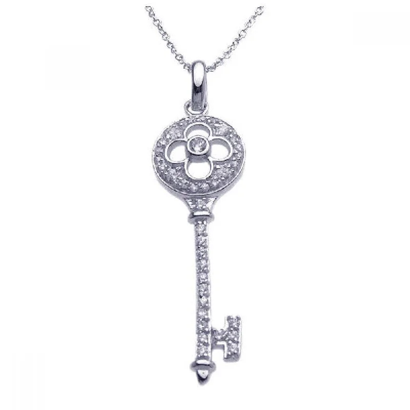 trendy necklaces for women-Sterling Silver Rhodium Plated Clear CZ Clover Key Pendant Necklace - STP00972