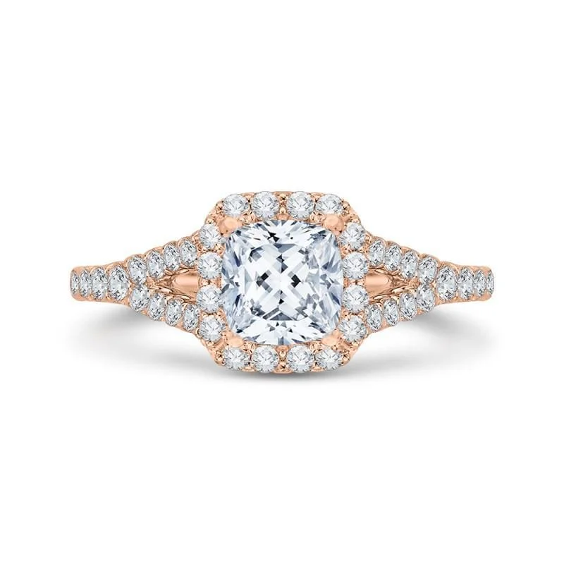 stunning engagement rings-14K Rose Gold Cushion Cut Diamond Halo Engagement Ring with Split Shank (Semi Mount)