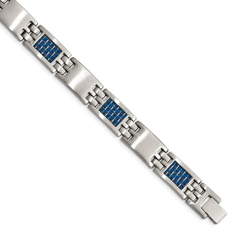 statement bracelets for women-statement bracelets for women-Stainless Steel Brushed with Blue Carbon Fiber Inlay Bracelet