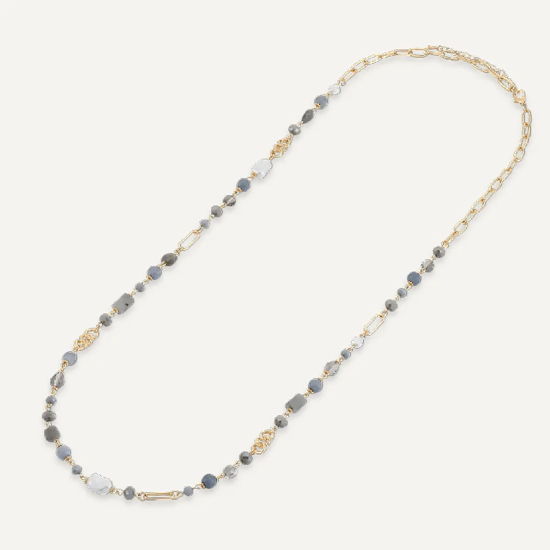 statement crystal necklaces for women-Grey Crystal & Natural Stone Long Necklace In Gold-Tone