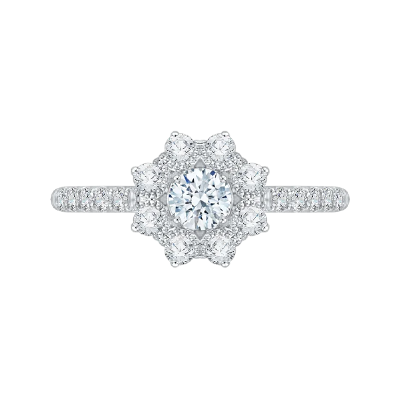 round-cut engagement rings-14K White Gold Round Cut Diamond Floral Halo Engagement Ring