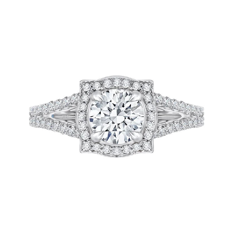 romantic engagement rings-14K White Gold Round Halo Diamond Engagement Ring with Split Shank (Semi Mount)