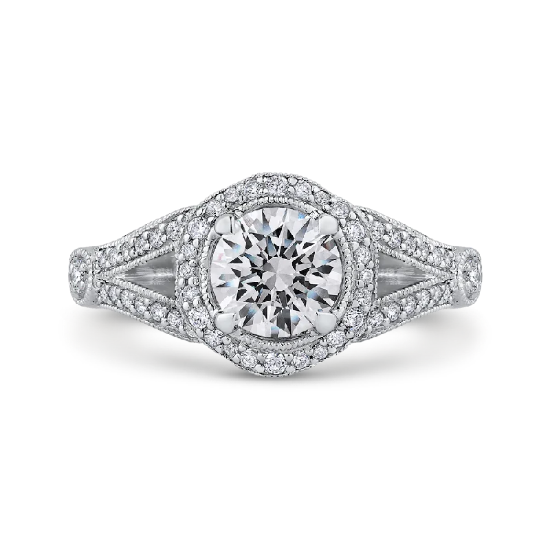 custom engagement rings-14K White Gold Round Diamond Floral Halo Engagement Ring with Split Shank (Semi Mount)