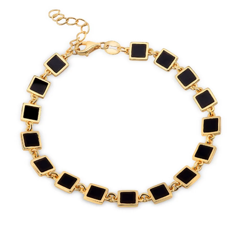 round pendant gold necklaces for women-Gold Plated 925 Sterling Silver Square Link Onyx Stone Bracelet - BGB00390