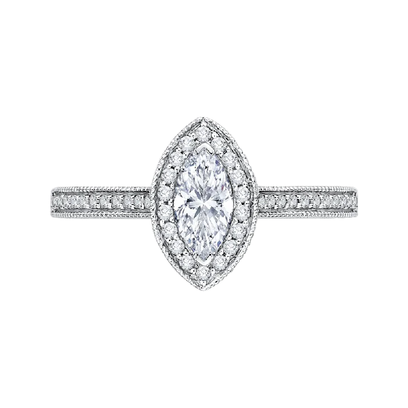 heirloom engagement rings-Marquise Diamond Halo Engagement Ring In 14K White Gold