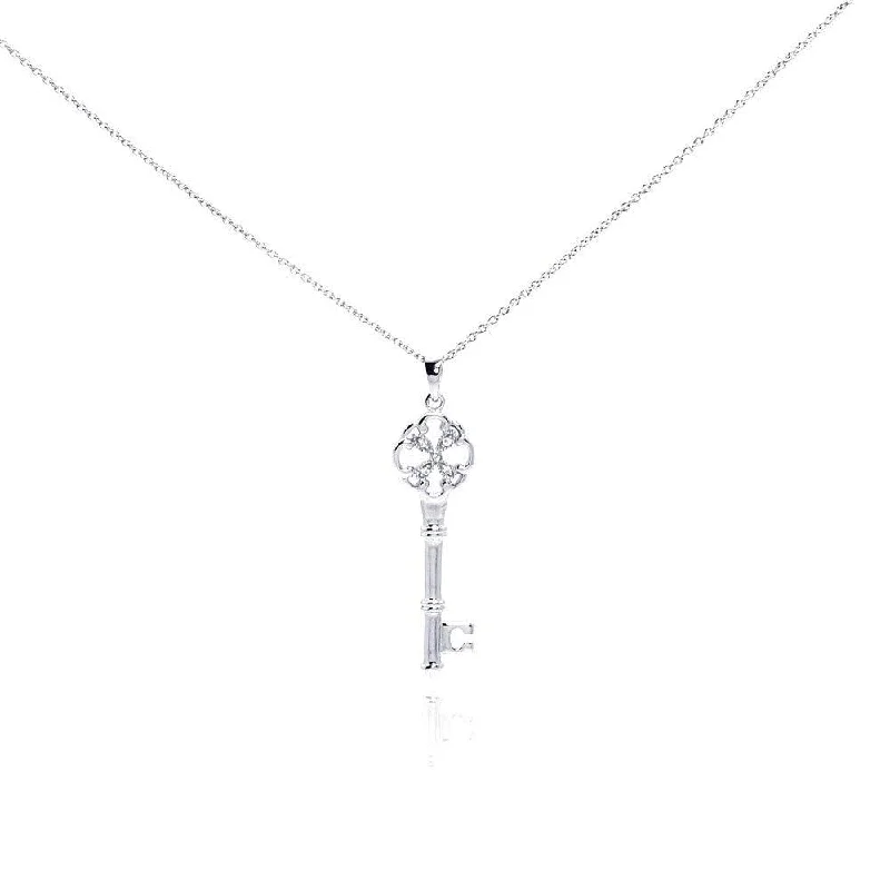 unique silver necklaces for women-Silver 925 Rhodium Plated Clear CZ Key Pendant Necklace - STP00999