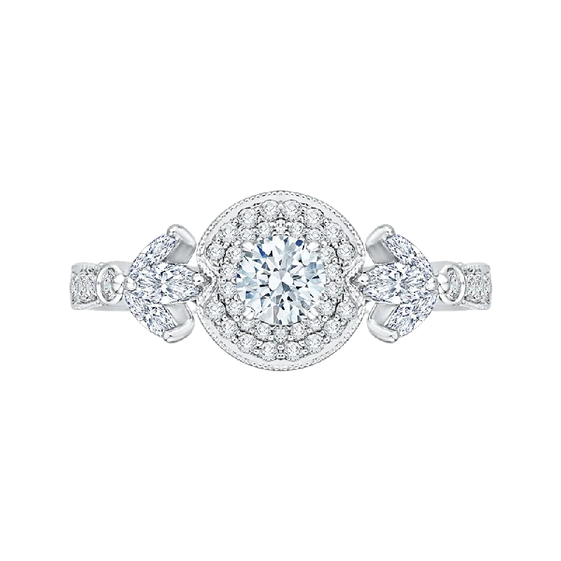 wedding ring sets with engagement rings-14K White Gold Round Diamond Double Halo Floral Engagement Ring