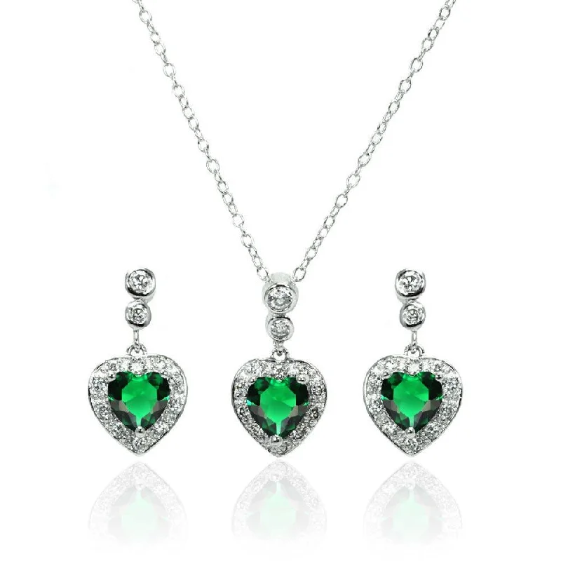 high-end necklaces for women-Silver 925 Rhodium Plated Clear and Green Heart CZ Dangling Stud Earring and Necklace Set - BGS00371