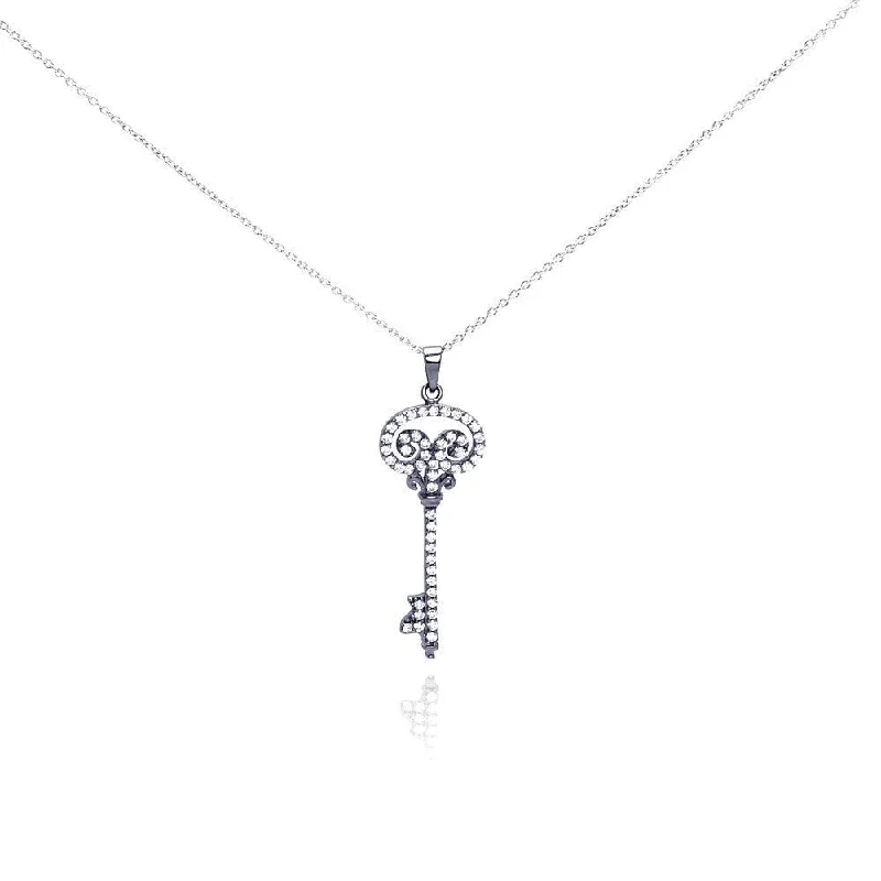 statement necklaces for women-Silver 925 Black Rhodium Plated Clear CZ Key Pendant Necklace - STP00998