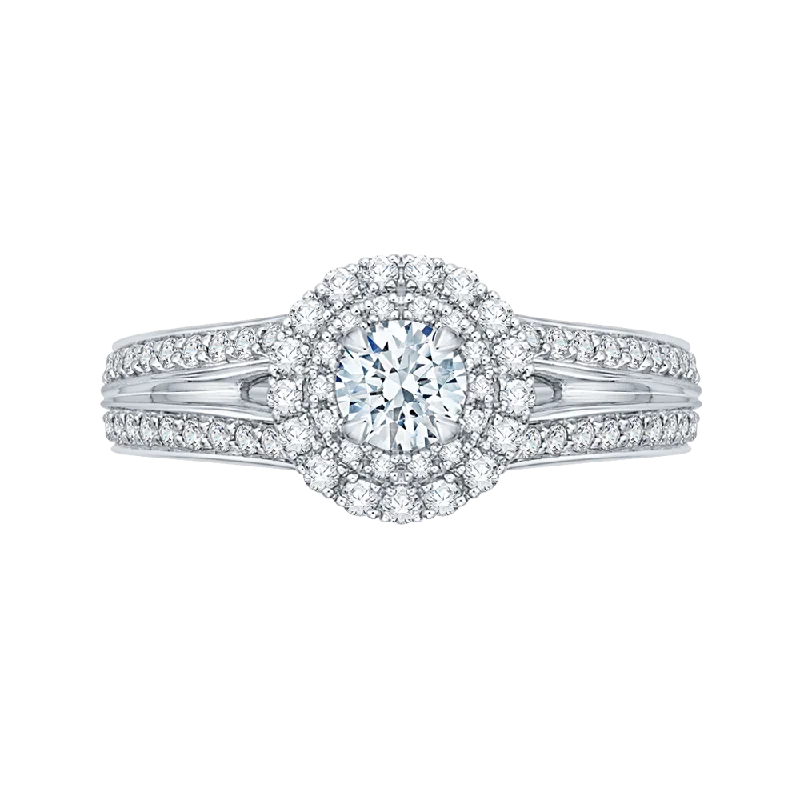 vintage style engagement rings-Round Diamond Double Halo Engagement Ring with Split Shank In 14K White Gold