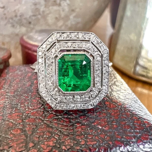 high-quality rings for women-Art Deco Style Emerald & Diamond Ring, 1.05ct.