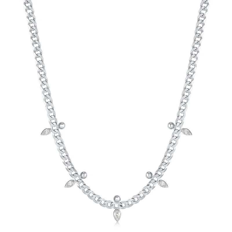 sapphire necklaces for women-Silver Curb Chain Sparkle Point Necklace