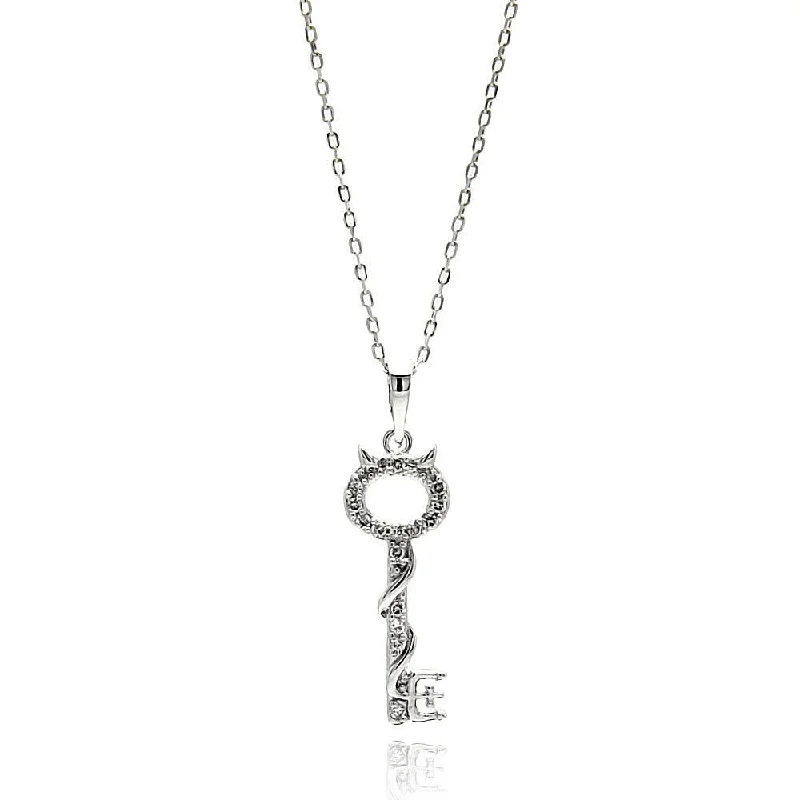 handmade pendant necklaces for women-Silver 925 Rhodium Plated Open Key CZ Necklace - BGP00622