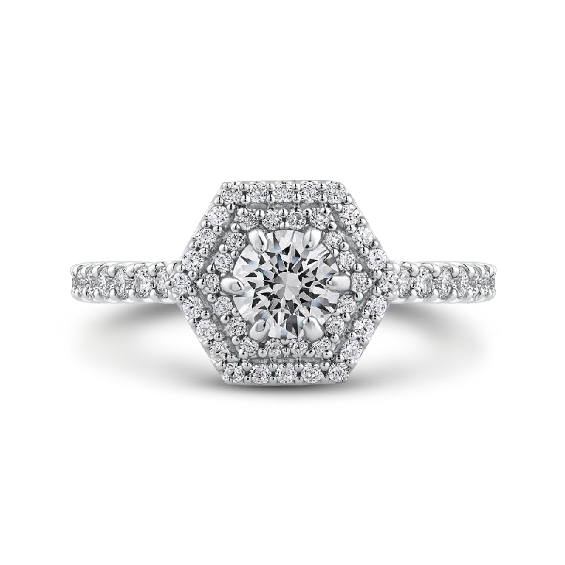 classic gold engagement rings-14K White Gold Round Diamond Hexagon Shape Double Halo Engagement Ring