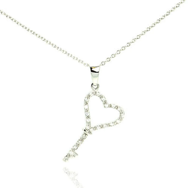 silver necklaces for women-Silver 925 Rhodium Plated Clear CZ Key Pendant Necklace - STP01000