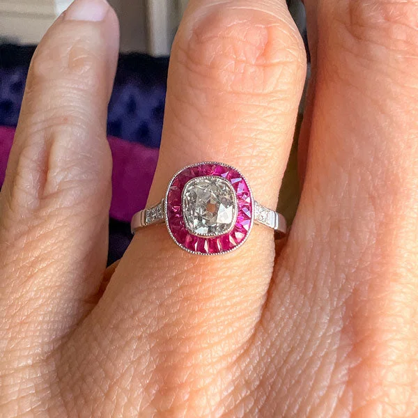 unique wedding bands for women-Vintage Diamond & Ruby Frame Ring, Old Mine 0.75ct.