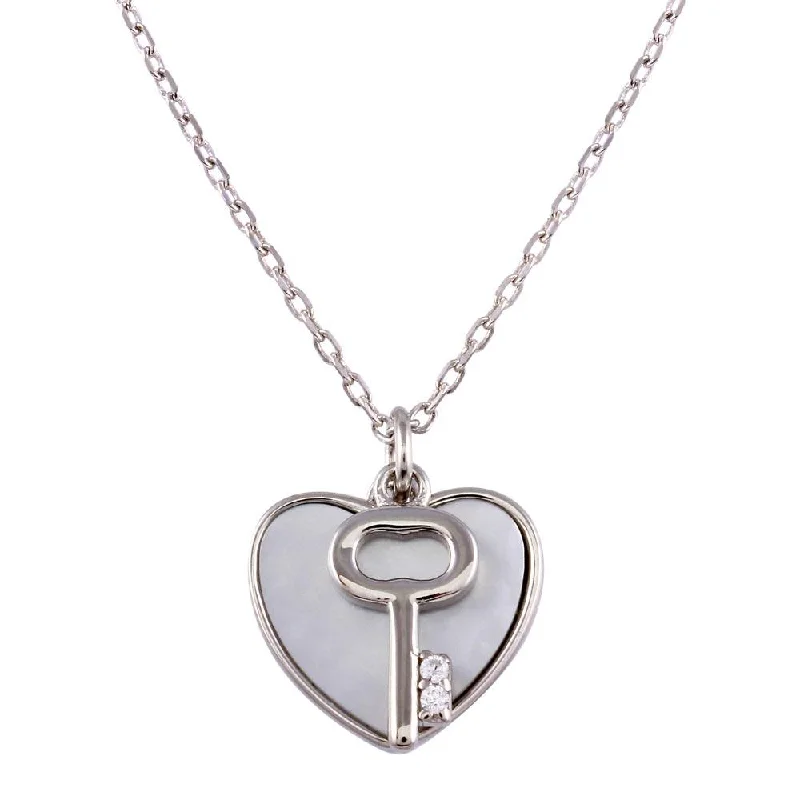 high-end necklaces for women-Rhodium Plated 925 Sterling Silver Key and Mother of Pearl Hearts Necklace - STP01757