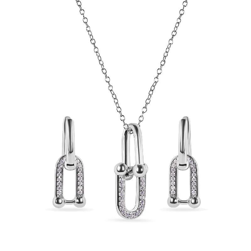 meaningful necklaces for women-Rhodium Plated 925 Sterling Silver Round Bow Paperclip Clear CZ Necklace and Hoop Earring Matching Set  - BGS00629