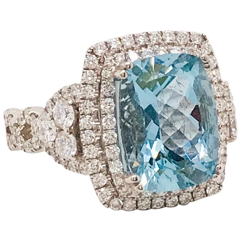 men's rings for women-Aquamarine and Double Diamond Halo Ring