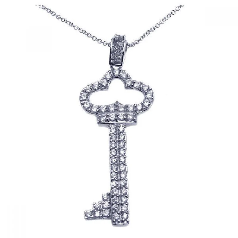 luxury diamond necklaces for women-Silver 925 Rhodium Plated Clear CZ Key Pendant Necklace - STP00932