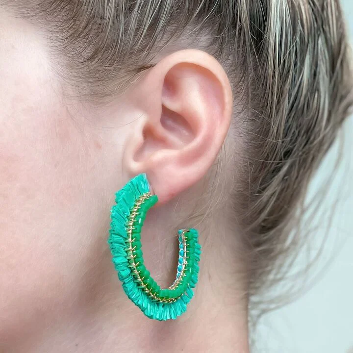 Beaded Raffia Hoop Earrings - Green