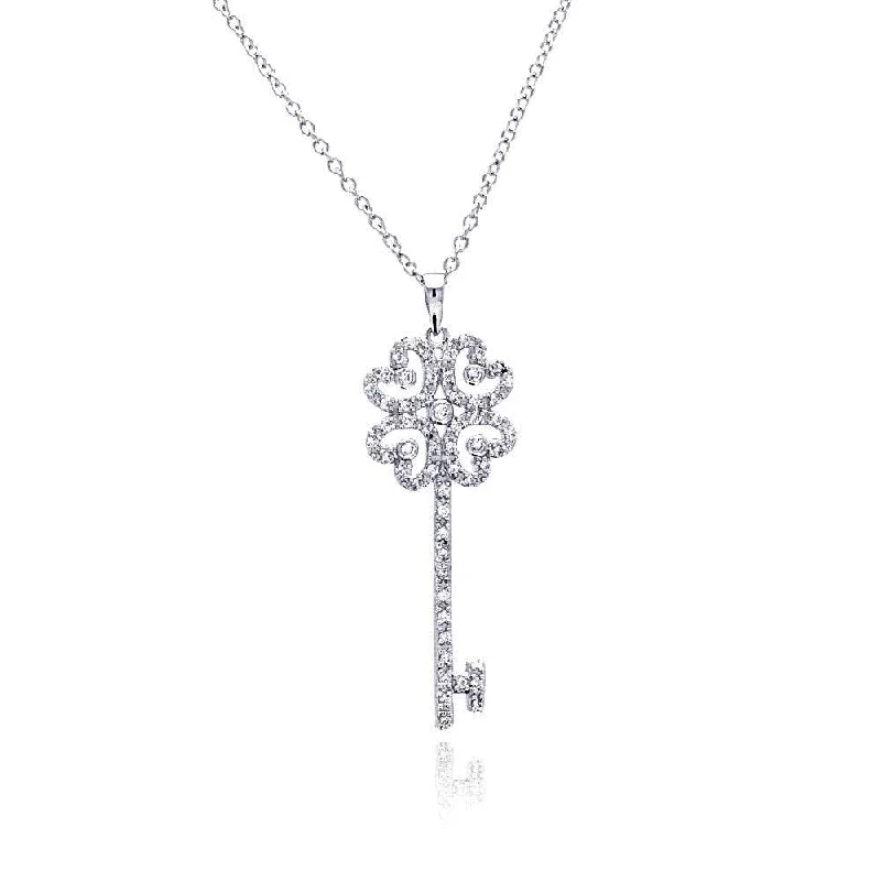 diamond necklaces for women-Silver 925 Rhodium Plated Open Heart Key CZ Necklace - BGP00375