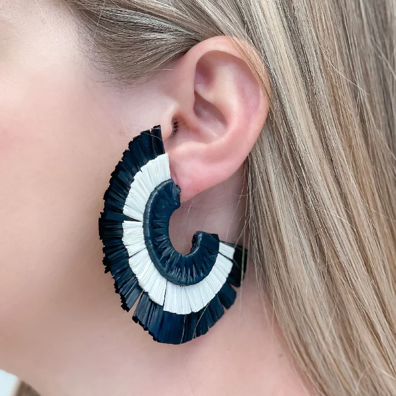 Raffia Fan Hoop Earrings - Black & White