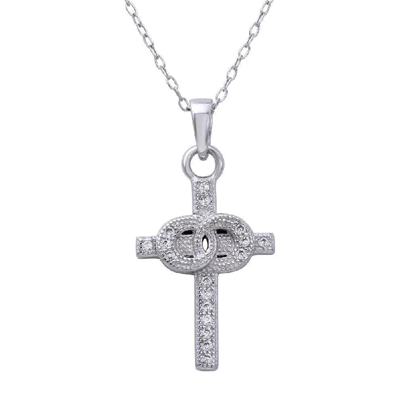 matching necklace sets for women-Rhodium Plated 925 Sterling Silver Small Cross Pendant with Linked Rings Center and CZ - STP01615