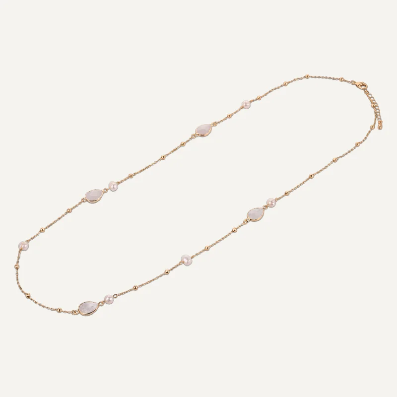 engraved necklaces for women-Long Moonstone & Pearl Crystal Stone Necklace In Gold-Tone