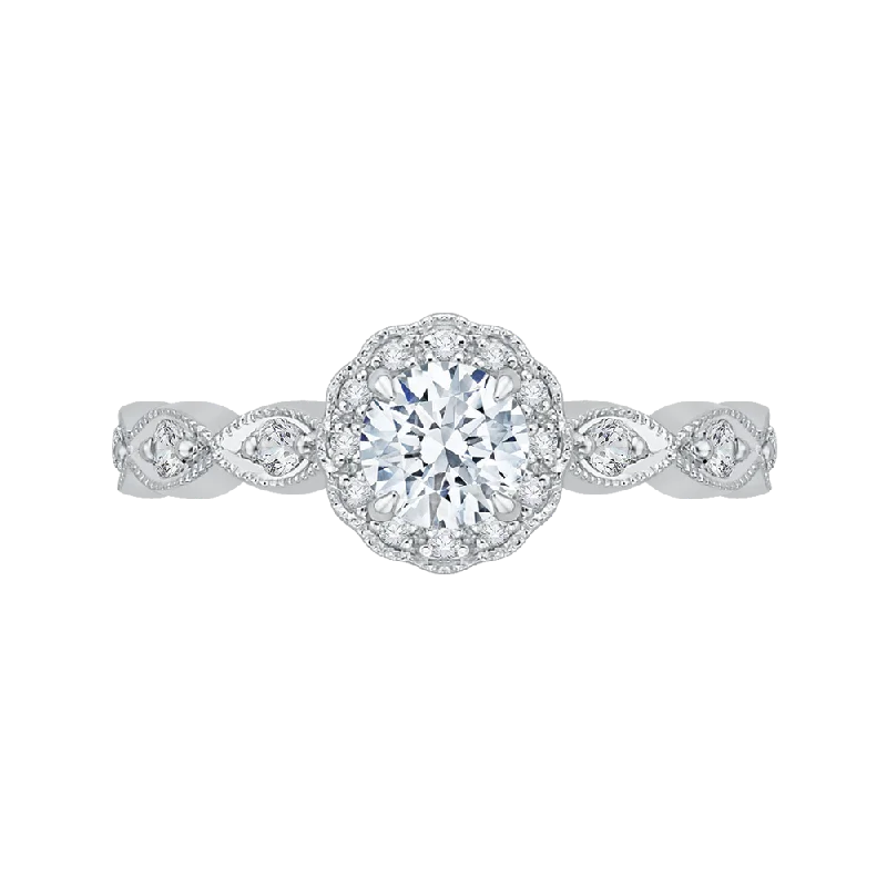 modern diamond engagement rings-14K White Gold Round Diamond Floral Halo Engagement Ring