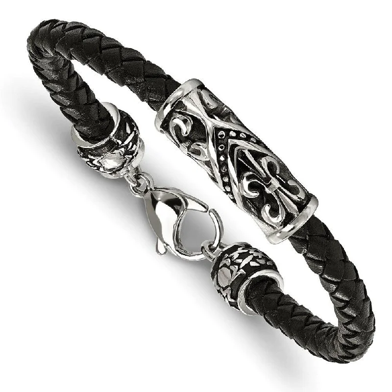 classic bangle bracelets for women-classic bangle bracelets for women-Stainless Steel Polished Antiqued Fleur De Lis Black Leather Bracelet